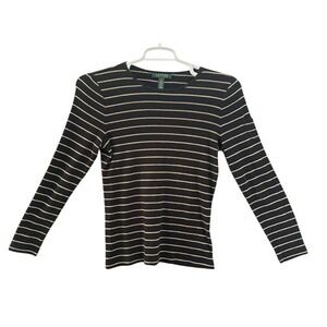 Lauren Ralph Lauren Black Gold Stripe Long Sleeve Crew Neck Top Women's Medium